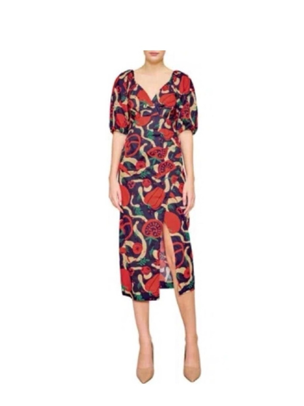 NWT MELLODAY multicolor Midi Dress with Tomato print, V-Neck and Puff Sleeves